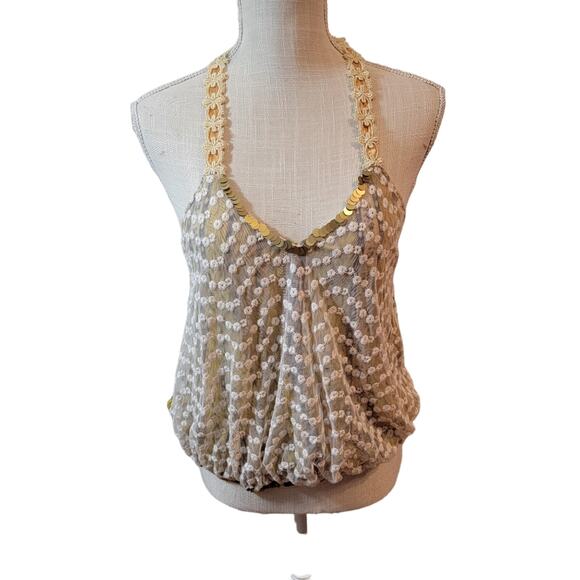 Free People Racerback Halter Tank Top Mesh Sequins Daisy Chain Yellow Small - Picture 1 of 6